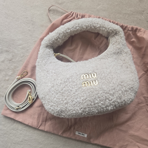 Miu Miu Cream Wander Shearling Hobo Handbag/Crossbody - Picture 1 of 16